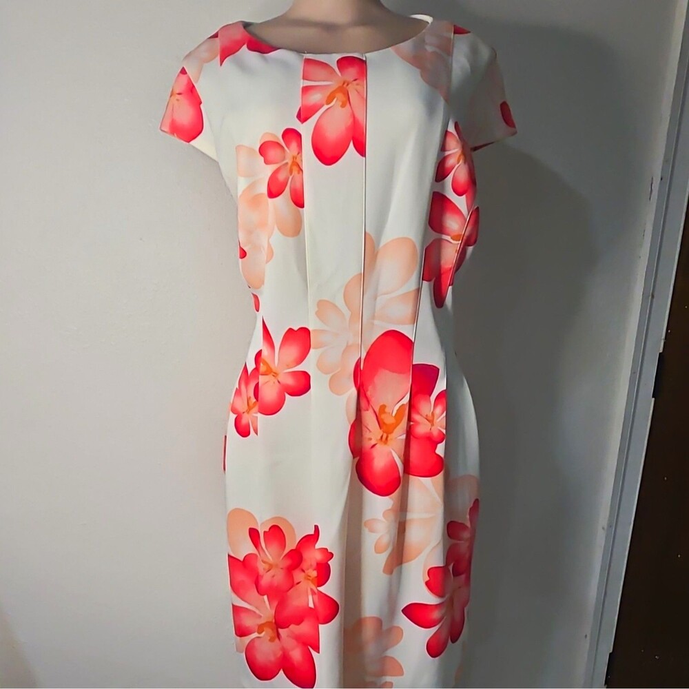 Calvin Klein Sheath Cap Sleeve Scoop Neck Knee Floral Dress White Pink 16W